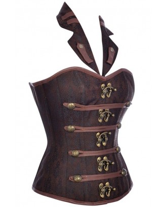 Brown Satin Leather Steampunk Corset with collar