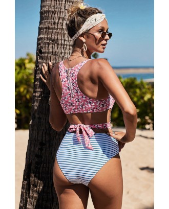 Pink Printed Zipped Racerback Maillot