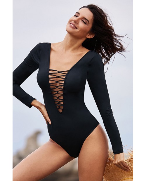 Black Sexy Lace up High Cut One Piece Swimsuit