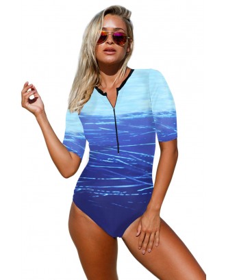 Blue Print Zip Front Half Sleeve One Piece Swimsuit