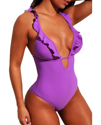 Purple Plunge V Neck Ruffled Detail Maillot Swimwear