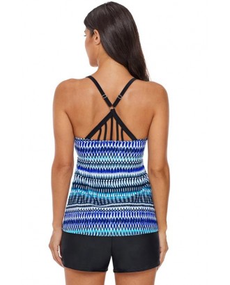 Crisscross and Strappy Detail Printed Tankini Top