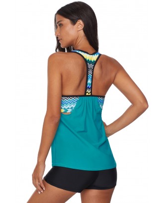 Green Blouson Striped Printed Strappy T-Back Push up Tankini Top