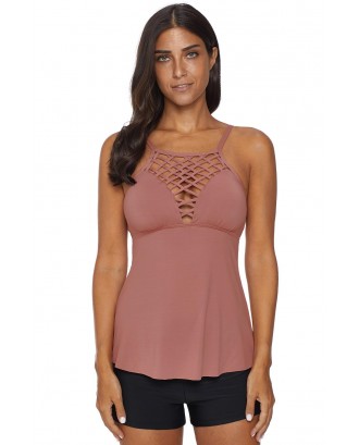 Pink Netted Hollow-out Tankini Top