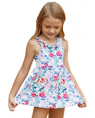 Floral Pattern Ruffle Neckline Toddler Girls Swim Dress