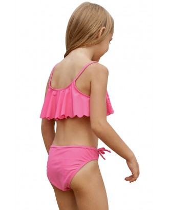 Pink Hollow-out Ruffles Overlay Girls Bikini Set