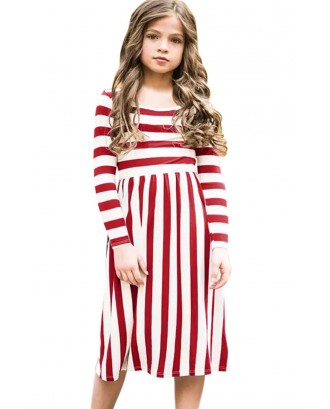 Red White Striped Long Sleeve Dress for Kids