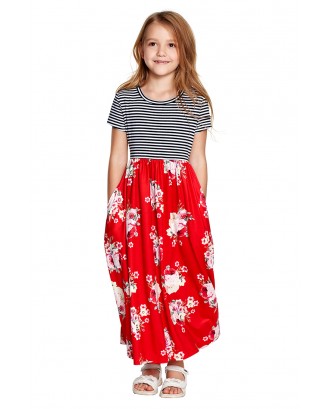 Red Striped Floral Print Little Girls Maxi Dress