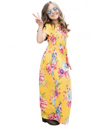 Yellow Short Sleeve Floral Print Loose Casual Maxi Dress with Pockets