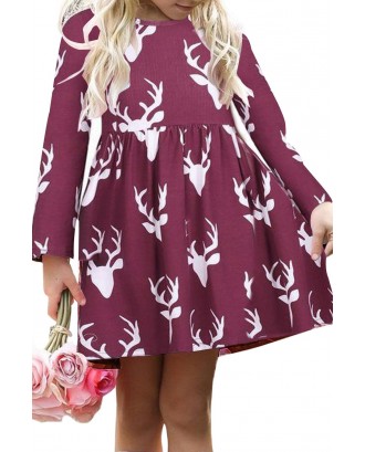 Burgundy Christmas Deer Print Long Sleeve Girl Dress