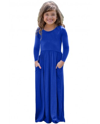 Royal Blue Long Sleeve Pocket Design Girls Maxi Dress