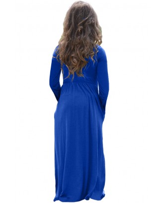 Royal Blue Long Sleeve Pocket Design Girls Maxi Dress