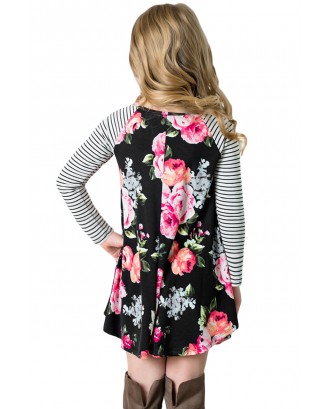 Black Spring Fling Floral Striped Sleeve Short Dress for Kids