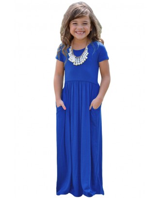 Cobalt Blue Short Sleeve Pocket Design Girls Maxi Dress