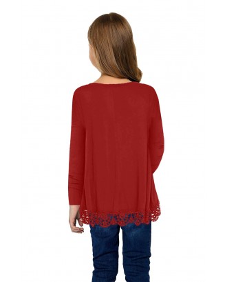 Red Long Sleeve Lace Trim O-neck A-line Tunic Blouse