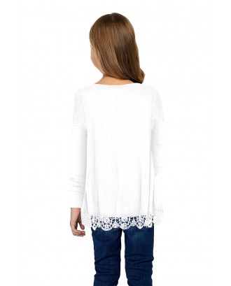 White Long Sleeve Lace Trim O-neck A-line Tunic Blouse