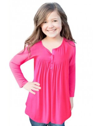 Pink Long Sleeve Button Detail Pleated Little Girls Top