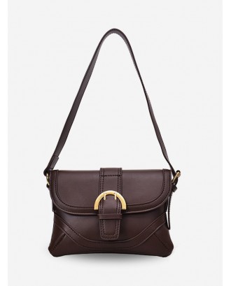 Cover Solid Leather Crossbody Shoulder Bag - Coffee