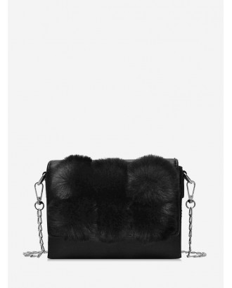 Faux Fur Panel Flap Square Crossbody Bag - Black