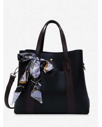 Silk Embellished Top Handle PU Leather Shoulder Bag - Black