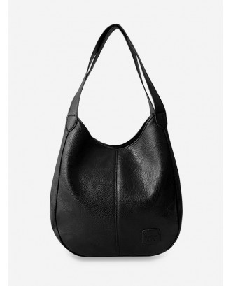 Leather Patched Pattern Leather Bag - Black