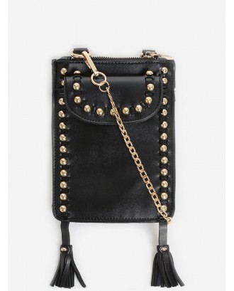 PU Leather Rivet Tassel Shoulder Bag - Black
