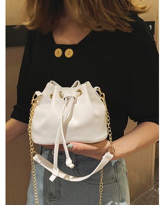 Solid Color PU Leather Drawstring Bucket Bag - Milk White