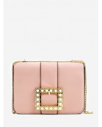 Faux Pearl Crystal Buckled Chic Chain Crossbody Bag - Pink