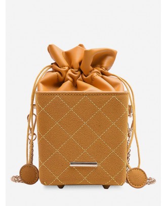 Quilted Top Drawstring Bucket Bag - Golden Brown