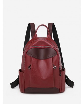 Two Tone Casual PU Leather Backpack - Red