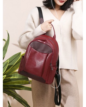 Two Tone Casual PU Leather Backpack - Red