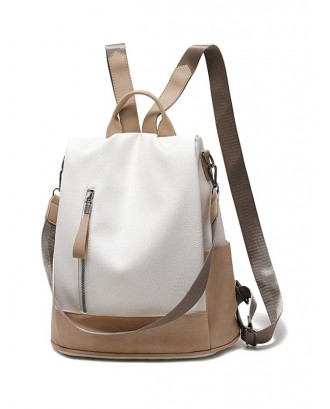 Two Tone PU Leather Casual Backpack - Milk White