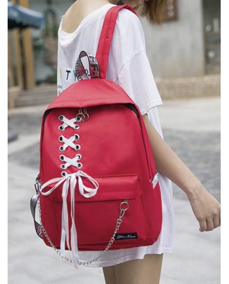 Canvas Lace-up Bowknot Backpack - Rosso Red
