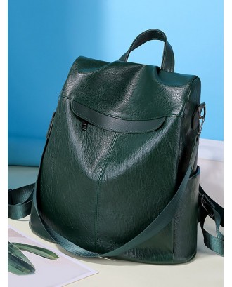 Solid Leather Glossy Big Backpack - Army Green