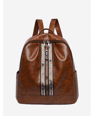 Striped Accent Front Zip Backpack - Brown