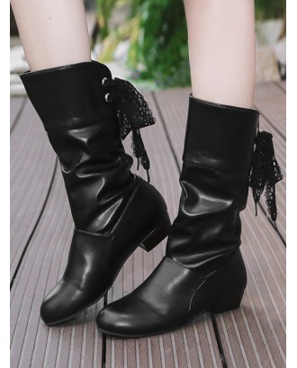 Tie Back PU Leather Mid Calf Boots - Black Eu 38