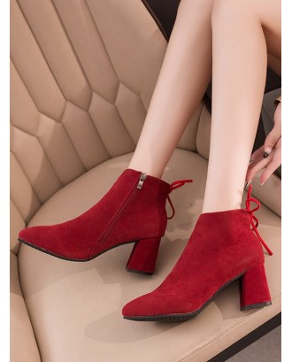Tie Back Mid Heel Pointed Toe Ankle Boots - Red Wine Eu 36
