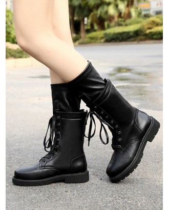 Solid PU Leather Lace Up Mid Calf Boots - Black Eu 39