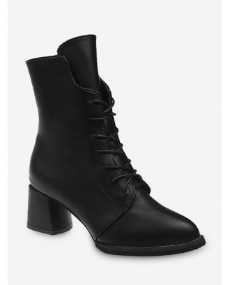 Pointed Toe Lace Up Mid Calf Boots - Black Eu 35