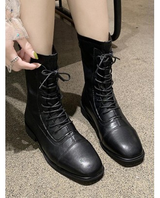 O-ring Pull Faux Leather Square Toe Short Boots - Black Eu 39