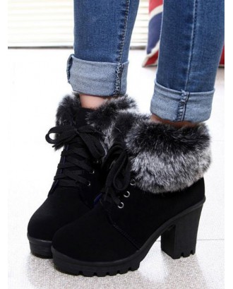 Faux Fur Foldover Lace Up High Heel Boots - Black Eu 38