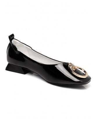Lanbaoli Square Toe Metal Detail PU Leather Flat Heels - Black 37