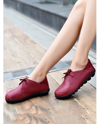 Leather Plus Size Laced-up Flat Shoes - Red Wine Eu 37