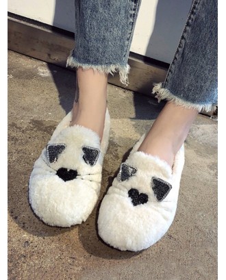 Kitty Print Faux Fur Loafers Flats - White Eu 37