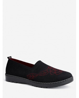 Floral Print Knitted Loafer Flat Shoes - Black Eu 36