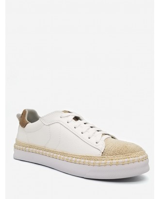 Woven Straw Toe PU Leather Espadrille Sneakers - White 38