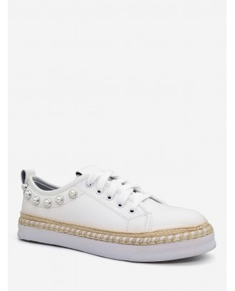 Faux Pearl Decorative Low Top Espadrille Sneakers - White 37