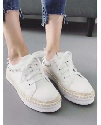 Faux Pearl Decorative Low Top Espadrille Sneakers - White 37