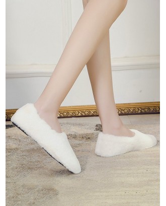 Faux Fur Slip On Round Toe Shoes - White Eu 43