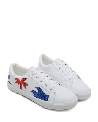 Sequined Palm Tree Graphic Low Heel Sneakers - White 37